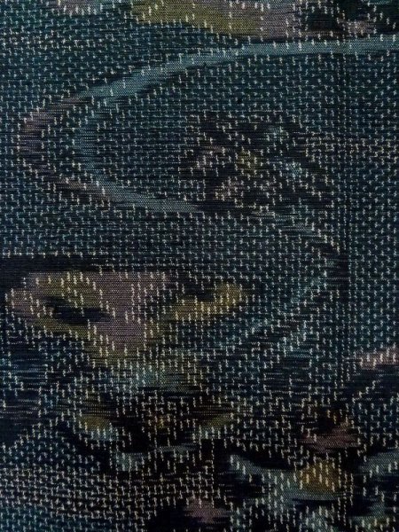 Photo6: L1019B Used Japanese women Dark Blue TSUMUGI pongee / Silk. Flower,   (Grade C) (6)