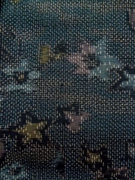 Photo7: L1019B Used Japanese women Dark Blue TSUMUGI pongee / Silk. Flower,   (Grade C) (7)