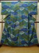 Photo1: L1019E Used Japanese women Pale Blue TSUMUGI pongee / Silk. Abstract pattern   (Grade B) (1)