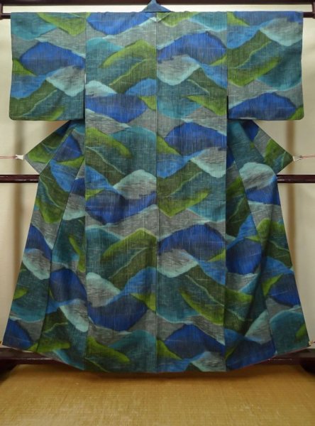Photo1: L1019E Used Japanese women Pale Blue TSUMUGI pongee / Silk. Abstract pattern   (Grade B) (1)