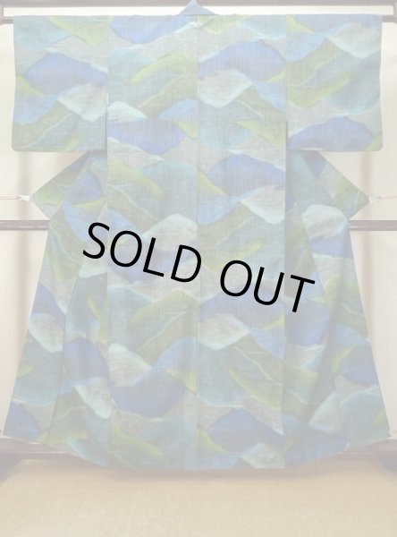 Photo1: L1019E Used Japanese women Pale Blue TSUMUGI pongee / Silk. Abstract pattern   (Grade B) (1)