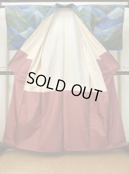 Photo2: L1019E Used Japanese women Pale Blue TSUMUGI pongee / Silk. Abstract pattern   (Grade B) (2)