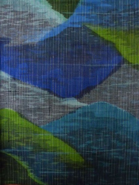 Photo5: L1019E Used Japanese women Pale Blue TSUMUGI pongee / Silk. Abstract pattern   (Grade B) (5)