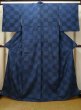 Photo1: L1019I Used Japanese women Dark Blue TSUMUGI pongee / Silk.  Checkerd pattern  (Grade B) (1)