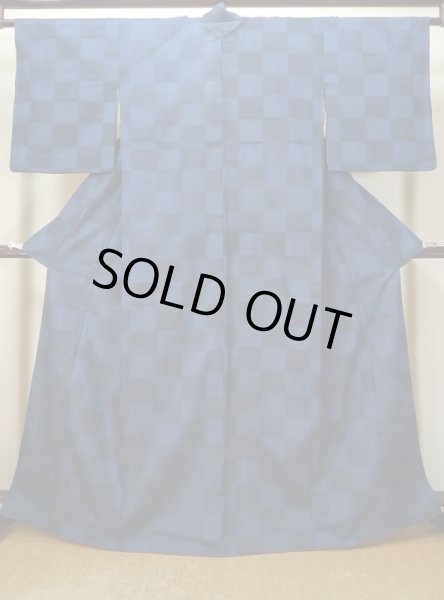 Photo1: L1019I Used Japanese women Dark Blue TSUMUGI pongee / Silk.  Checkerd pattern  (Grade B) (1)