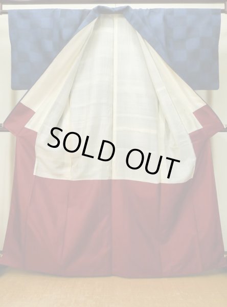 Photo2: L1019I Used Japanese women Dark Blue TSUMUGI pongee / Silk.  Checkerd pattern  (Grade B) (2)