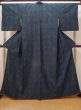 Photo1: L1019K Used Japanese women Dark Blue TSUMUGI pongee / Silk. Abstract pattern   (Grade C) (1)