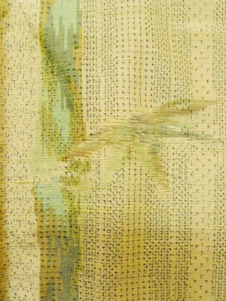 Photo6: L1019M Used Japanese women  Ivory TSUMUGI pongee / Silk. Bamboo leaf,   (Grade C) (6)