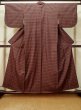 Photo1: L1019P Used Japanese women  Red TSUMUGI pongee / Silk. Plaid Checks   (Grade B) (1)