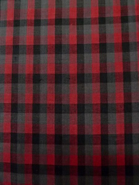 Photo5: L1019P Used Japanese women  Red TSUMUGI pongee / Silk. Plaid Checks   (Grade B) (5)