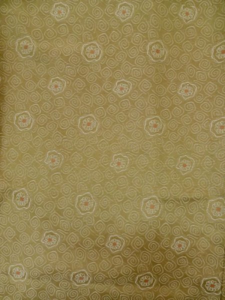 Photo3: L1019U Used Japanese womenPale Brownish Yellowish Green ORI woven / Silk. Abstract pattern   (Grade C) (3)