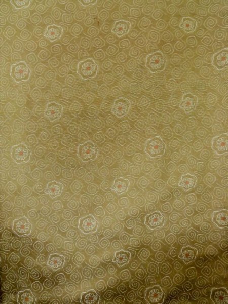 Photo4: L1019U Used Japanese womenPale Brownish Yellowish Green ORI woven / Silk. Abstract pattern   (Grade C) (4)