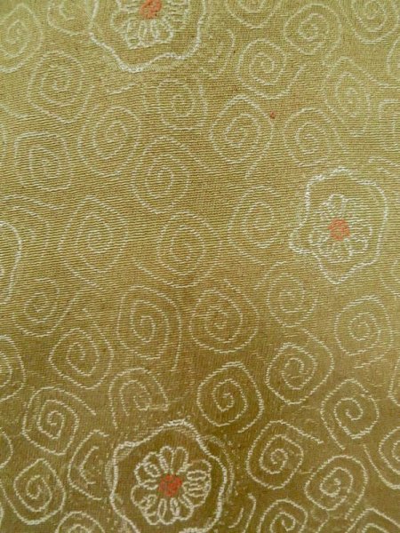 Photo6: L1019U Used Japanese womenPale Brownish Yellowish Green ORI woven / Silk. Abstract pattern   (Grade C) (6)