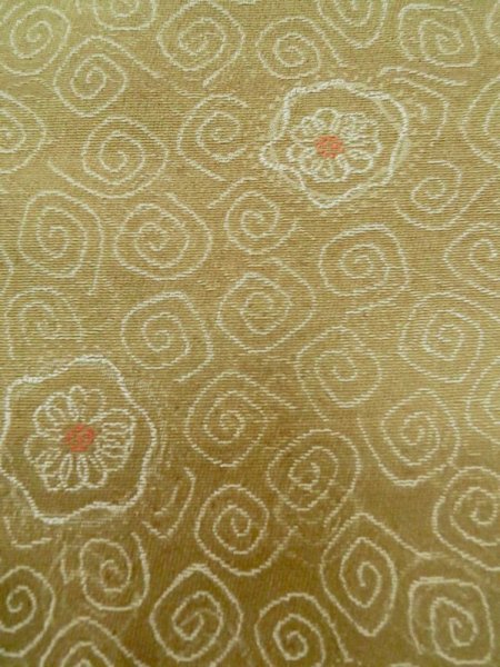 Photo7: L1019U Used Japanese womenPale Brownish Yellowish Green ORI woven / Silk. Abstract pattern   (Grade C) (7)