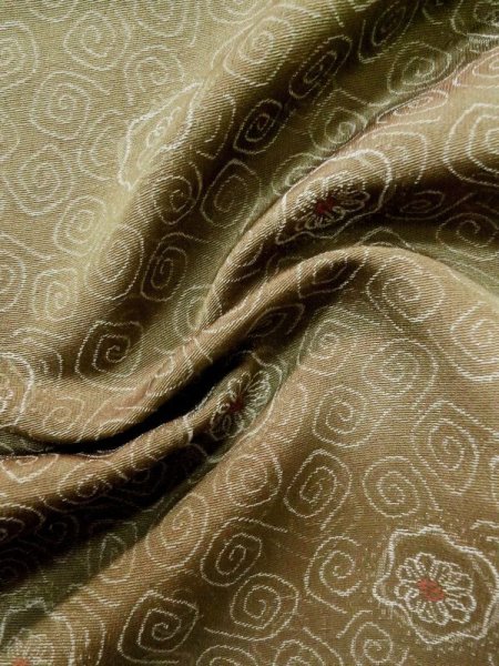 Photo11: L1019U Used Japanese womenPale Brownish Yellowish Green ORI woven / Silk. Abstract pattern   (Grade C) (11)