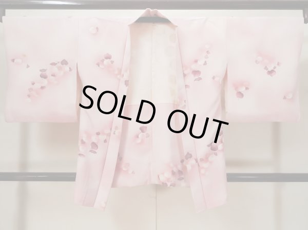 Photo1: L1026B Used Japanese womenPale Light Pink HAORI short jacket / Silk. Flower,   (Grade C) (1)