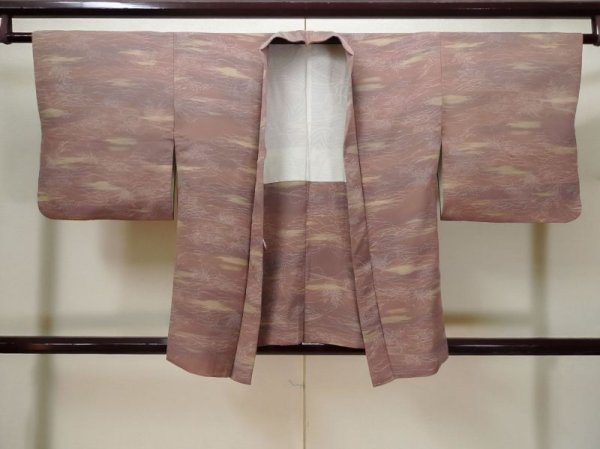 Photo1: L1026C Used Japanese womenPale Light Purple HAORI short jacket / Silk. Flower,   (Grade C) (1)