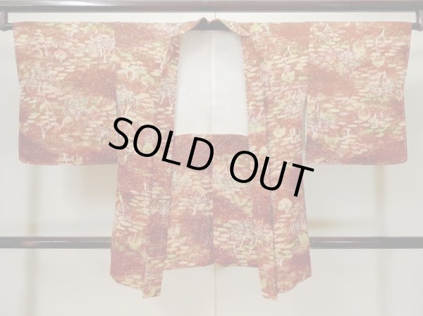 Photo1: L1026Y Used Japanese women Red HAORI short jacket / Silk. Tree,   (Grade A) (1)