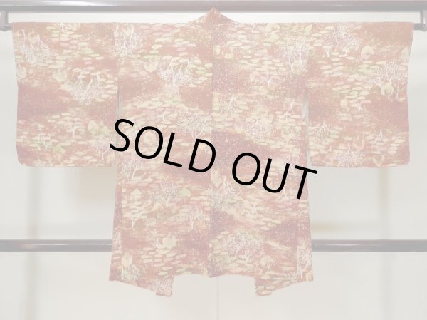 Photo2: L1026Y Used Japanese women Red HAORI short jacket / Silk. Tree,   (Grade A) (2)