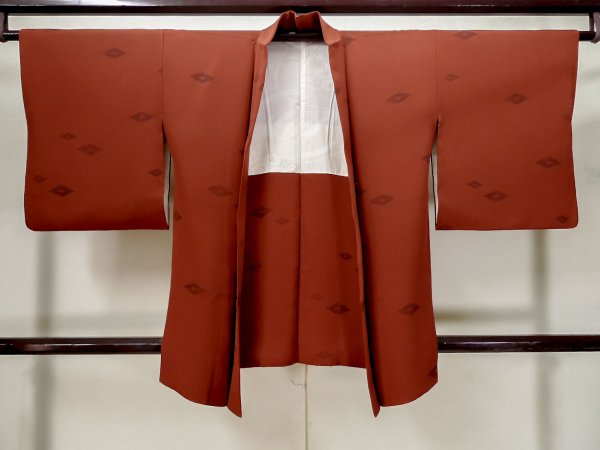 Photo1: L1104G Used Japanese women  Red HAORI short jacket / Silk. Lozenges,   (Grade B) (1)