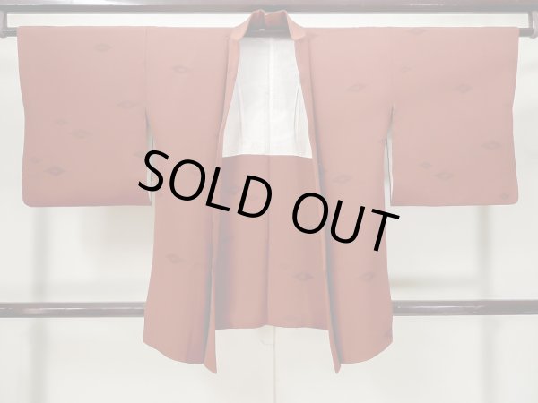 Photo1: L1104G Used Japanese women  Red HAORI short jacket / Silk. Lozenges,   (Grade B) (1)