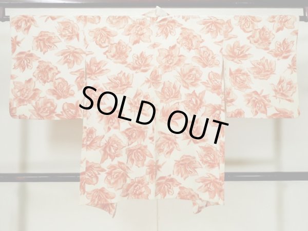 Photo3: L1104J Used Japanese women  Ivory HAORI short jacket / Silk. Rose   (Grade C) (3)