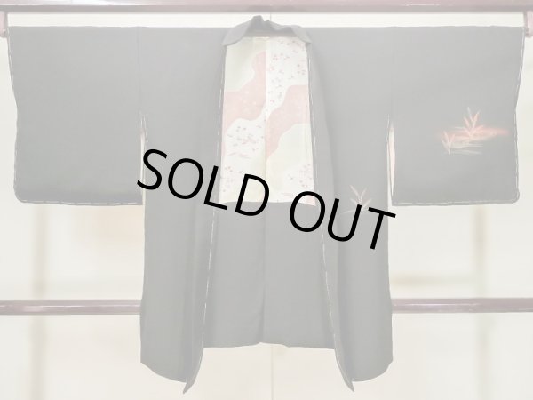 Photo1: Mint L1104M Used Japanese women  Black HAORI short jacket / Silk. Bird,   (Grade A+) (1)