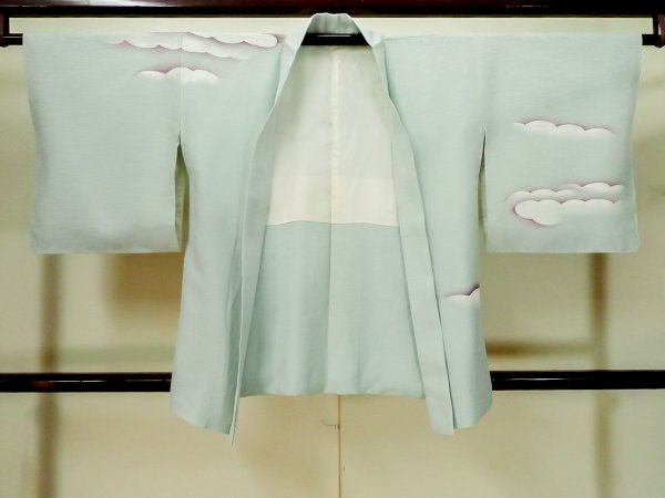 Photo1: L1104N Used Japanese women  Light Blue HAORI short jacket / Silk. Cloud   (Grade C) (1)
