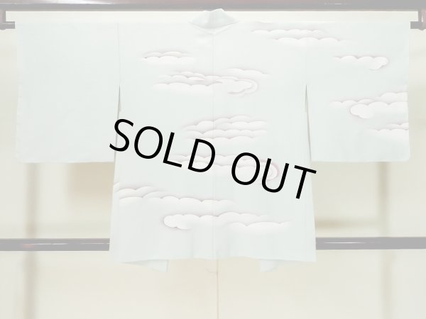 Photo2: L1104N Used Japanese women  Light Blue HAORI short jacket / Silk. Cloud   (Grade C) (2)