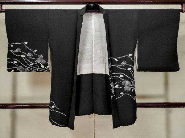 Photo1: L1104U Used Japanese women  Black HAORI short jacket / Synthetic. Ivy,   (Grade C) (1)