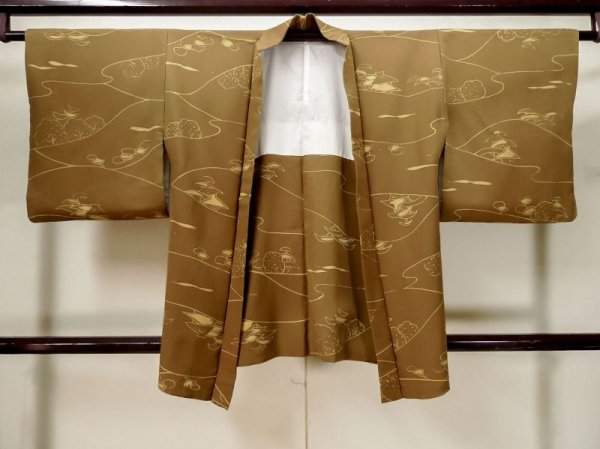 Photo1: L1104X Used Japanese women Dark Golden Yellow HAORI short jacket / Silk. Landscape,   (Grade B) (1)