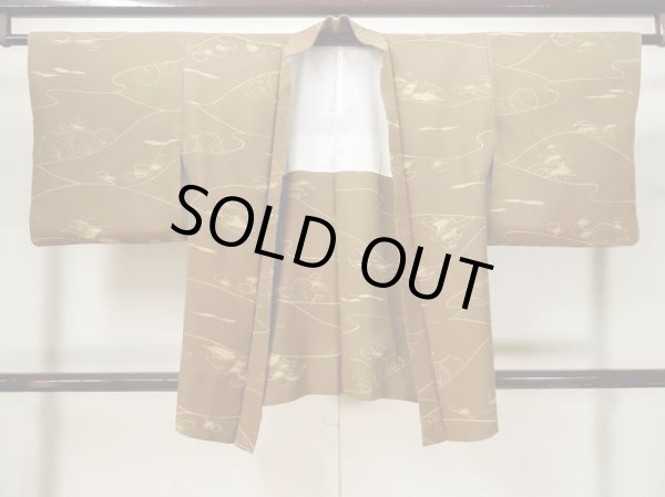Photo1: L1104X Used Japanese women Dark Golden Yellow HAORI short jacket / Silk. Landscape,   (Grade B) (1)
