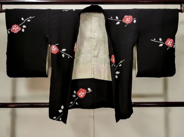 Photo1: Mint L1105A Used Japanese women  Black HAORI short jacket / Silk. Flower,   (Grade A) (1)