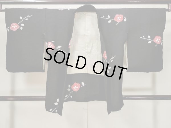 Photo1: Mint L1105A Used Japanese women  Black HAORI short jacket / Silk. Flower,   (Grade A) (1)