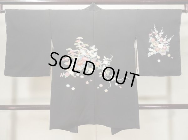 Photo2: Mint L1105D Used Japanese women  Black HAORI short jacket / Silk. Flower,   (Grade A) (2)
