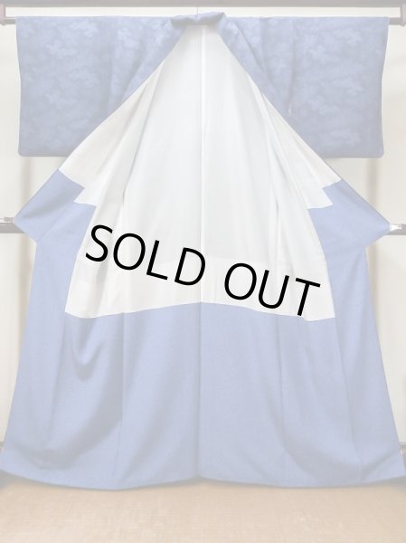 Photo2: L1116K Used Japanese women  Blue KOMON dyed / Silk. Flower,   (Grade B) (2)