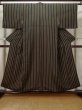 Photo1: L1116L Used Japanese women  Black KOMON dyed / Silk. Stripes   (Grade D) (1)