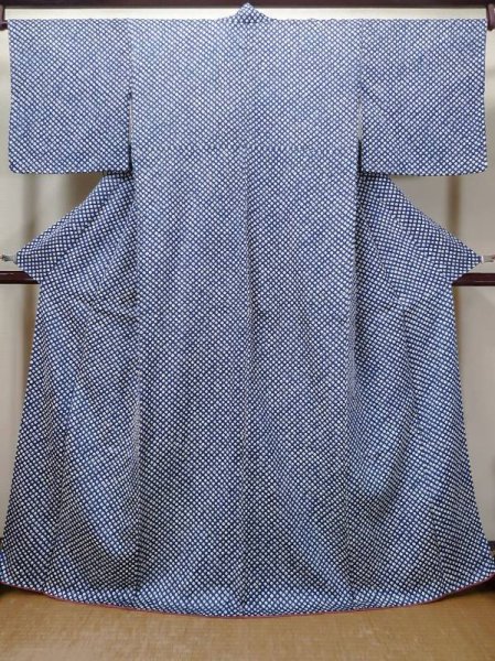 Photo1: Mint L1116M Used Japanese women  Blue KOMON dyed / Silk. Dapple pattern   (Grade A) (1)