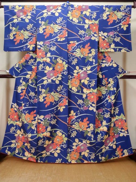 Photo1: L1116O Used Japanese women  Blue KOMON dyed / Silk. Flower,   (Grade C) (1)