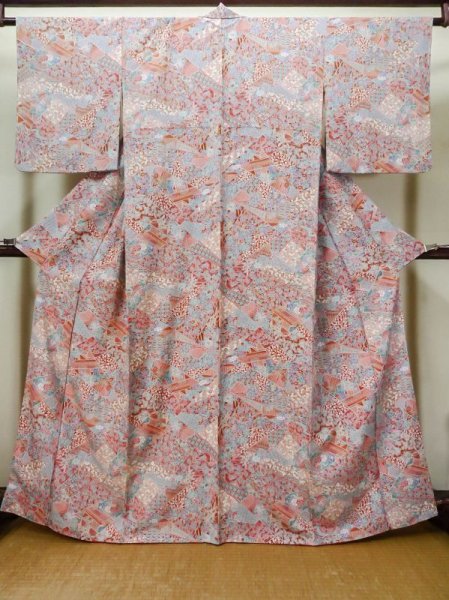Photo1: Mint L1116Q Used Japanese women Pale Pink KOMON dyed / Silk. Peony,   (Grade A) (1)