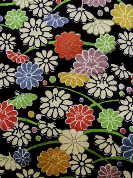 Photo5: L1116V Used Japanese women  Black KOMON dyed / Silk. Chrysanthemum,   (Grade B) (5)