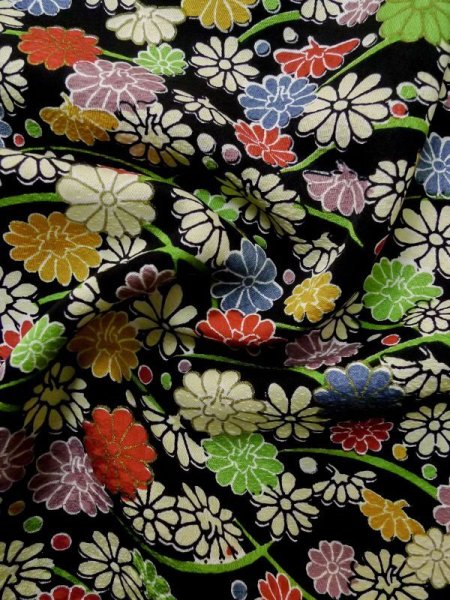 Photo12: L1116V Used Japanese women  Black KOMON dyed / Silk. Chrysanthemum,   (Grade B) (12)