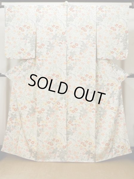 Photo1: Mint L1116Z Used Japanese womenPale Greenish White KOMON dyed / Silk. Flower,   (Grade A) (1)