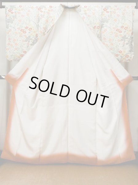 Photo2: Mint L1116Z Used Japanese womenPale Greenish White KOMON dyed / Silk. Flower,   (Grade A) (2)