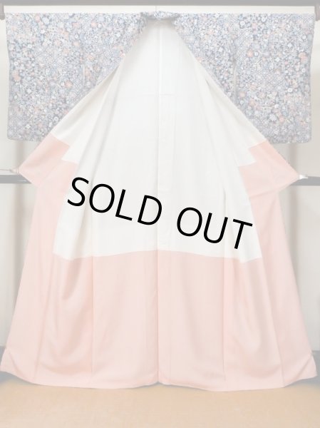 Photo2: Mint L1117B Used Japanese women Dark Blue KOMON dyed / Silk. Chinese flower,   (Grade A) (2)