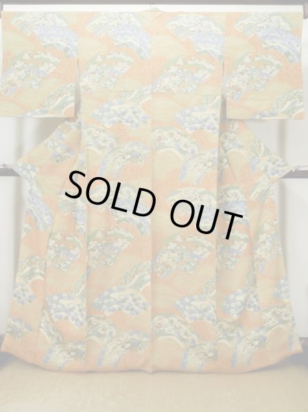 Photo1: L1117D Used Japanese women Pale Orange KOMON dyed / Silk. SAKURA cherry blossom,   (Grade B) (1)