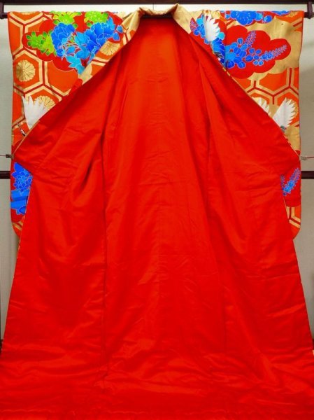 Photo4: L1124D Used Japanese women  Orange UCHIKAKE Wedding / Silk. Peony,   (Grade B) (4)