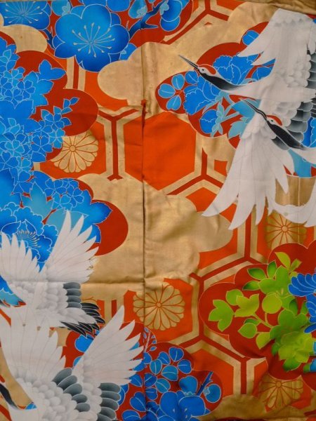 Photo5: L1124D Used Japanese women  Orange UCHIKAKE Wedding / Silk. Peony,   (Grade B) (5)