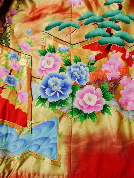 Photo6: Mint L1124G Used Japanese women  Red UCHIKAKE Wedding / Synthetic. Peony,   (Grade A) (6)