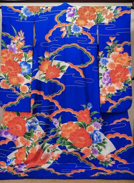 Photo1: L1124O Used Japanese women  Blue KAKESHITA under Uchikake / Synthetic. Peony,   (Grade B) (1)